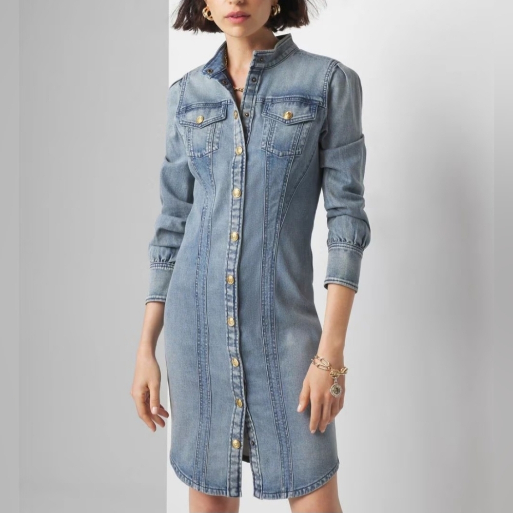 WHBM Faded Denim Stretch Bodycon Snap Button‎ Front Dress - Picture 4 of 14
